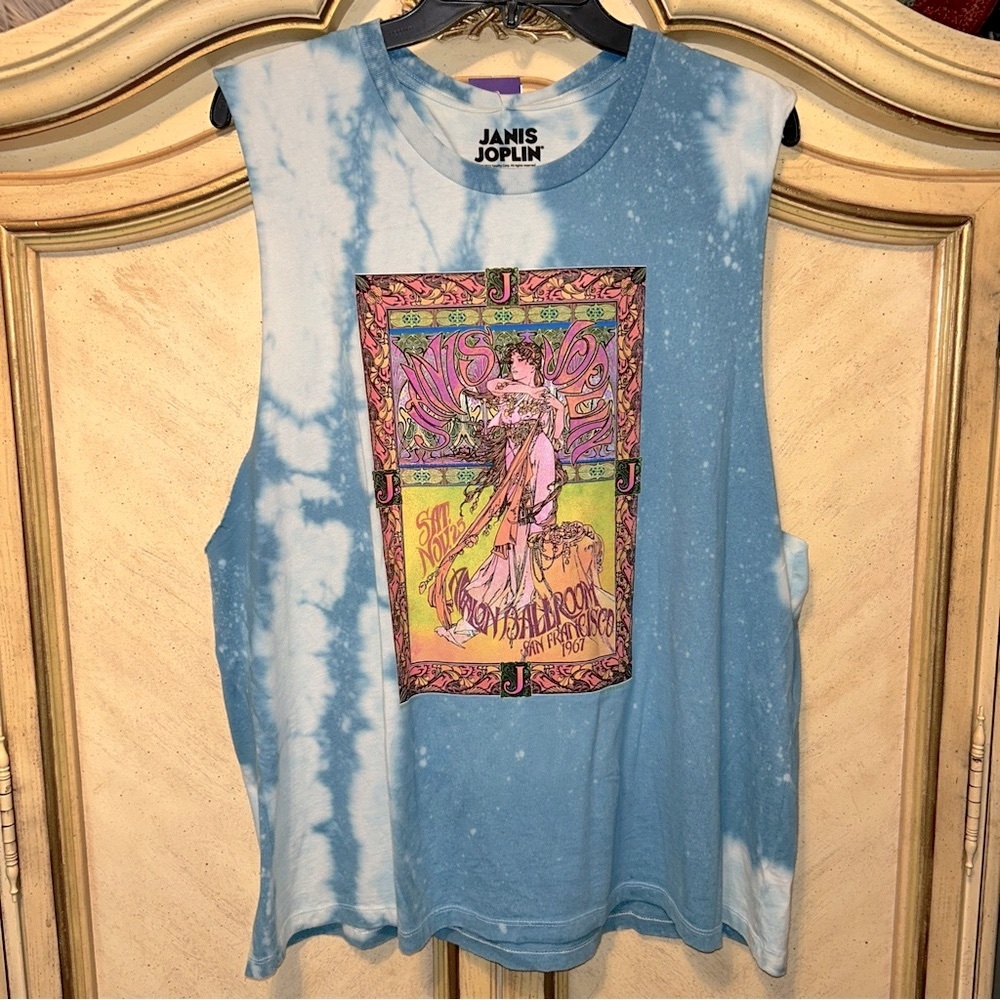 Janis Joplin Blue White Pink Green Multicolor Tie Dye Sleeveless T Shirt NEW NWT
